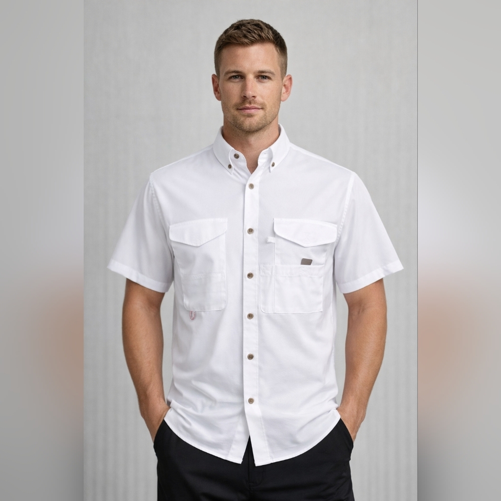 Men’s Short Sleeve Fishing Shirt Medium UV Sun Protection Wicking Button Down